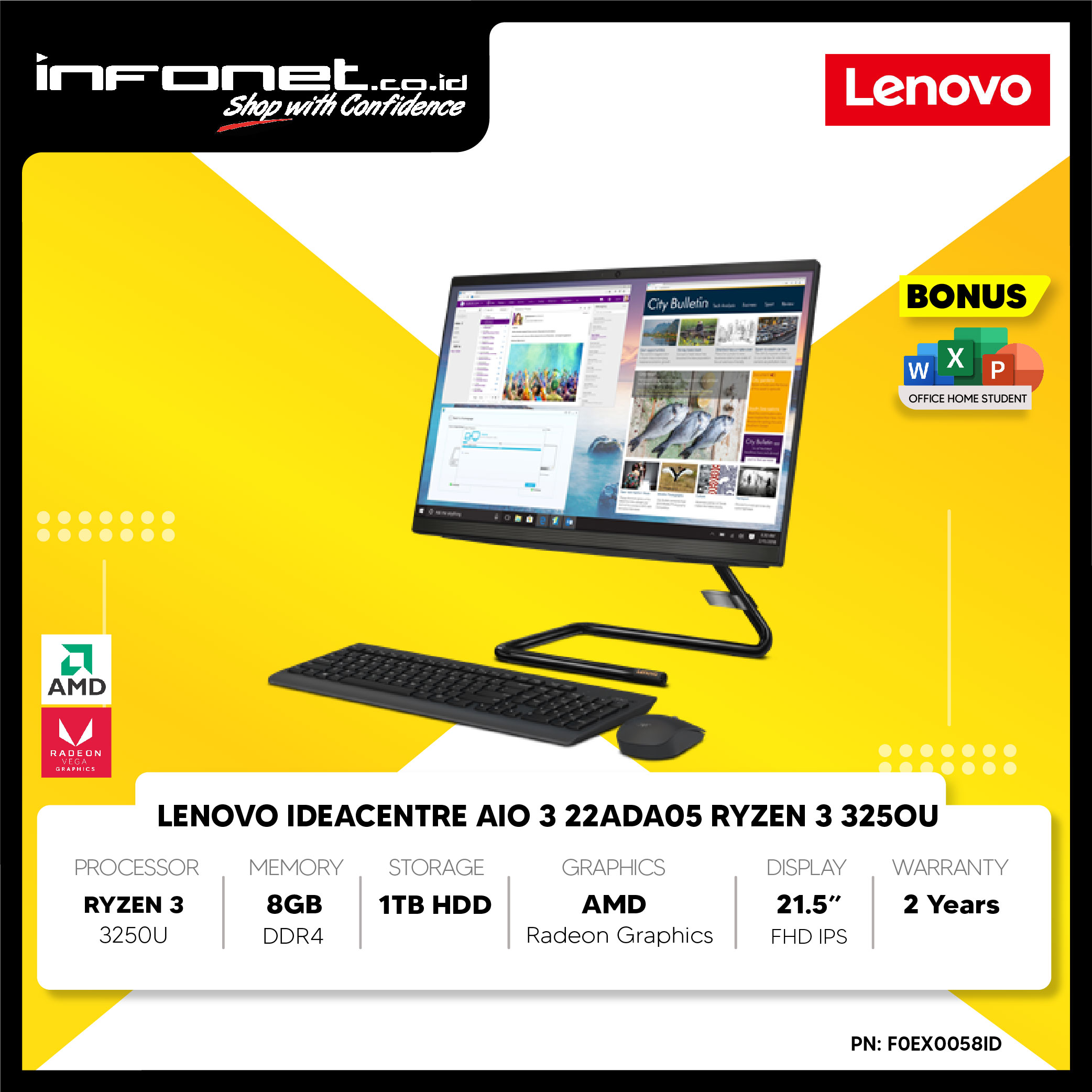 LENOVO IDEACENTRE AIO 3 22ADA05 RYZEN 3 325OU 8GB 1TB HDD AMD