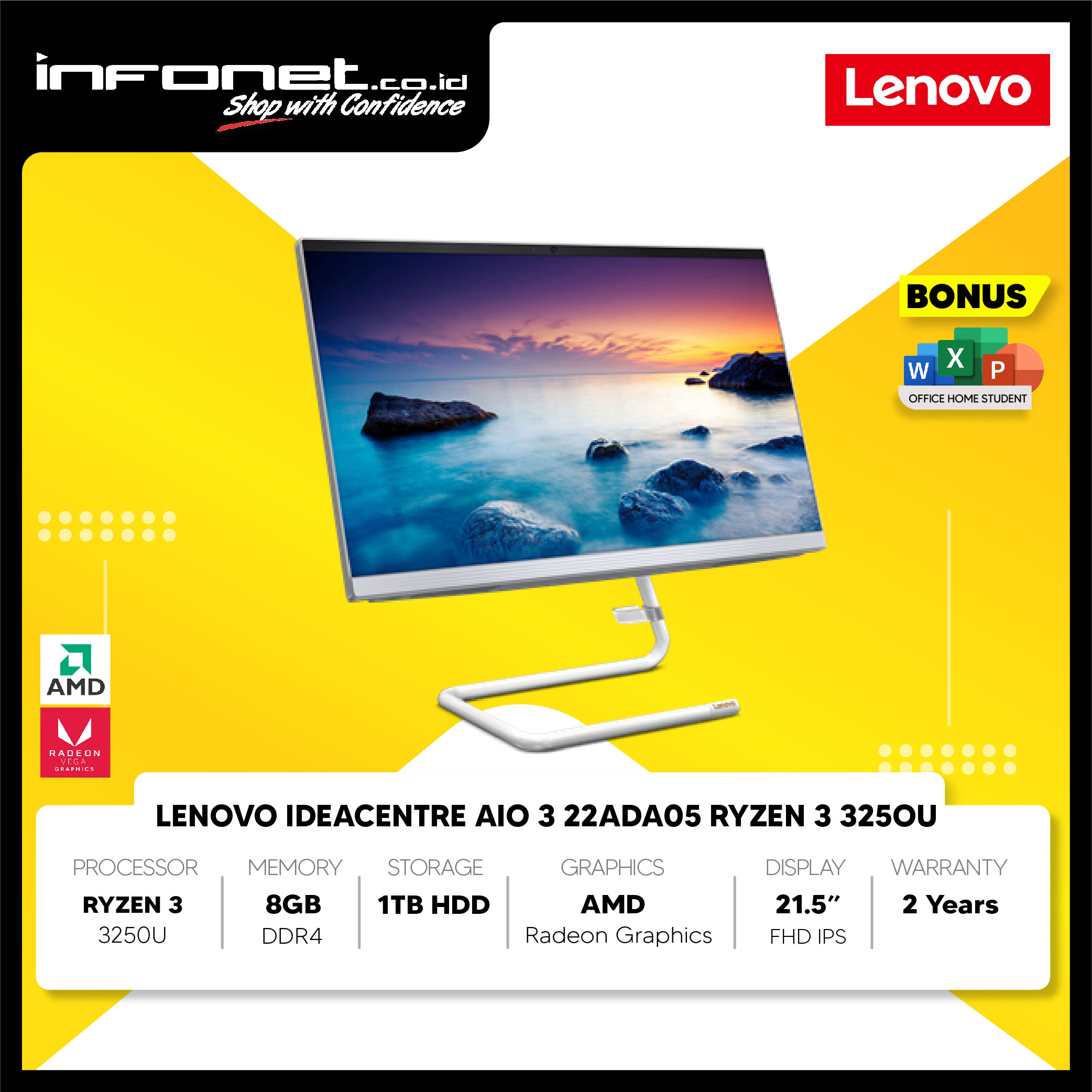 LENOVO IDEACENTRE AIO 3 22ADA05 RYZEN 3 325OU 8GB 1TB HDD AMD