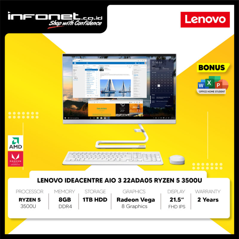 LENOVO IDEACENTRE AIO 3 22ADA05 RYZEN 5 3500U 4GB 1TB HDD UMA 21.5" FHD ...